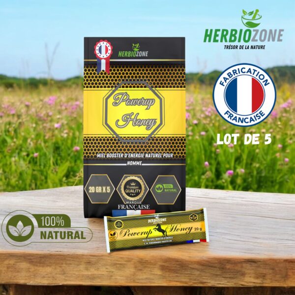 PowerUp Honey Miel Booster pour Homme | Ginseng Rouge | Maca | Guarana | Ashwagandha | Tribulus | 20g X 5 Fabriqué en France – Image 3