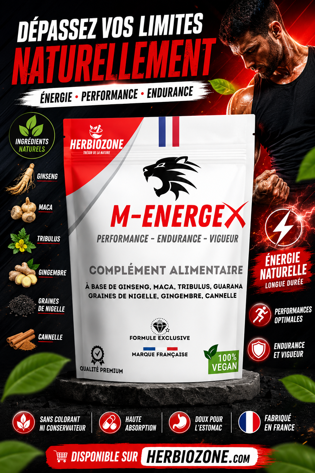 M-ENERGEX – Complément Alimentaire Naturel Énergie, Vitalité & Performance | Herbiozone 60 gélules – Image 2